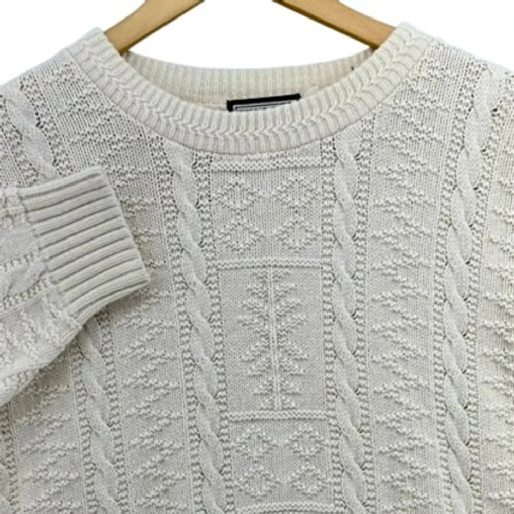 VTG Windsor Shirt Company Cream Cable Knit Tree Motif Sweater SZ L 1990s Cosby - Picture 1 of 8